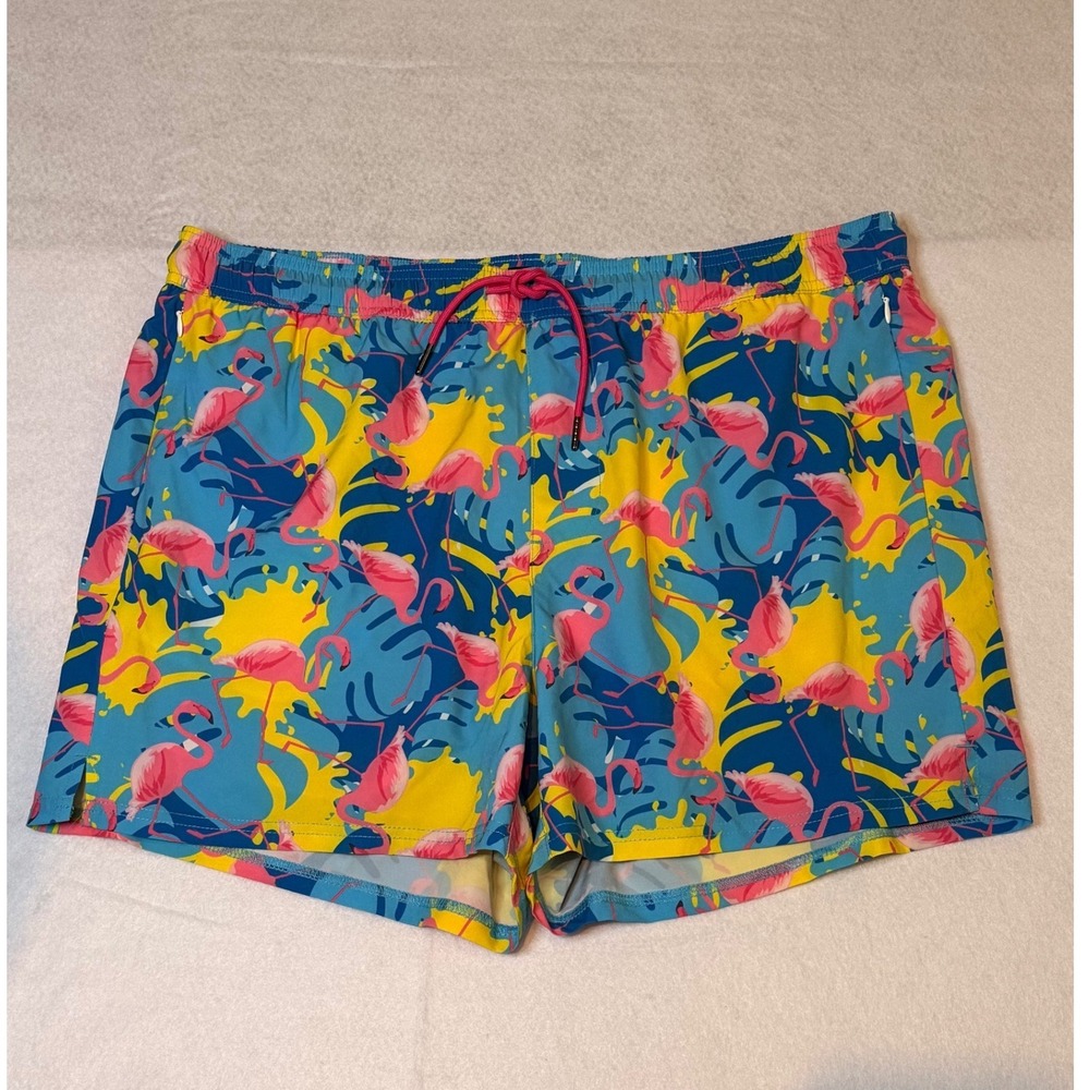 NWT SurfCuz Mens Flamingo Tropical Swim Trunks Blue Yellow XXL 5 Inseam